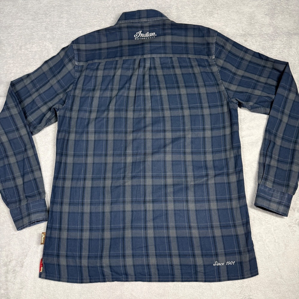 Indian Motorcycle Button Down Shirt Mens Medium Blue Plaid Long Sleeve Moto - Picture 10 of 13